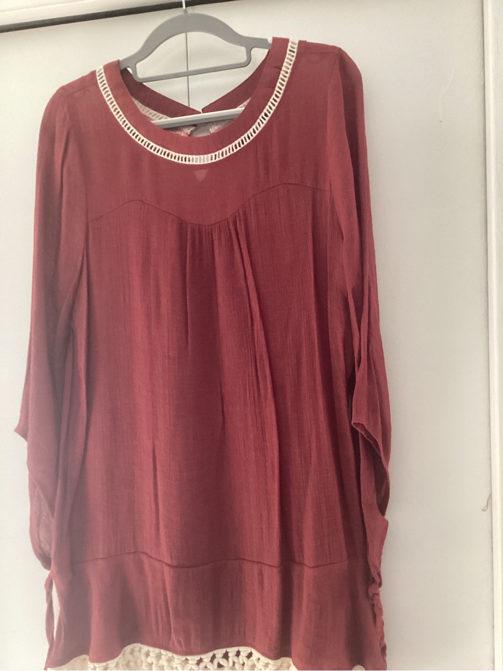 Kori Brick Red Long-Sleeve Tunic with Crochet Trim